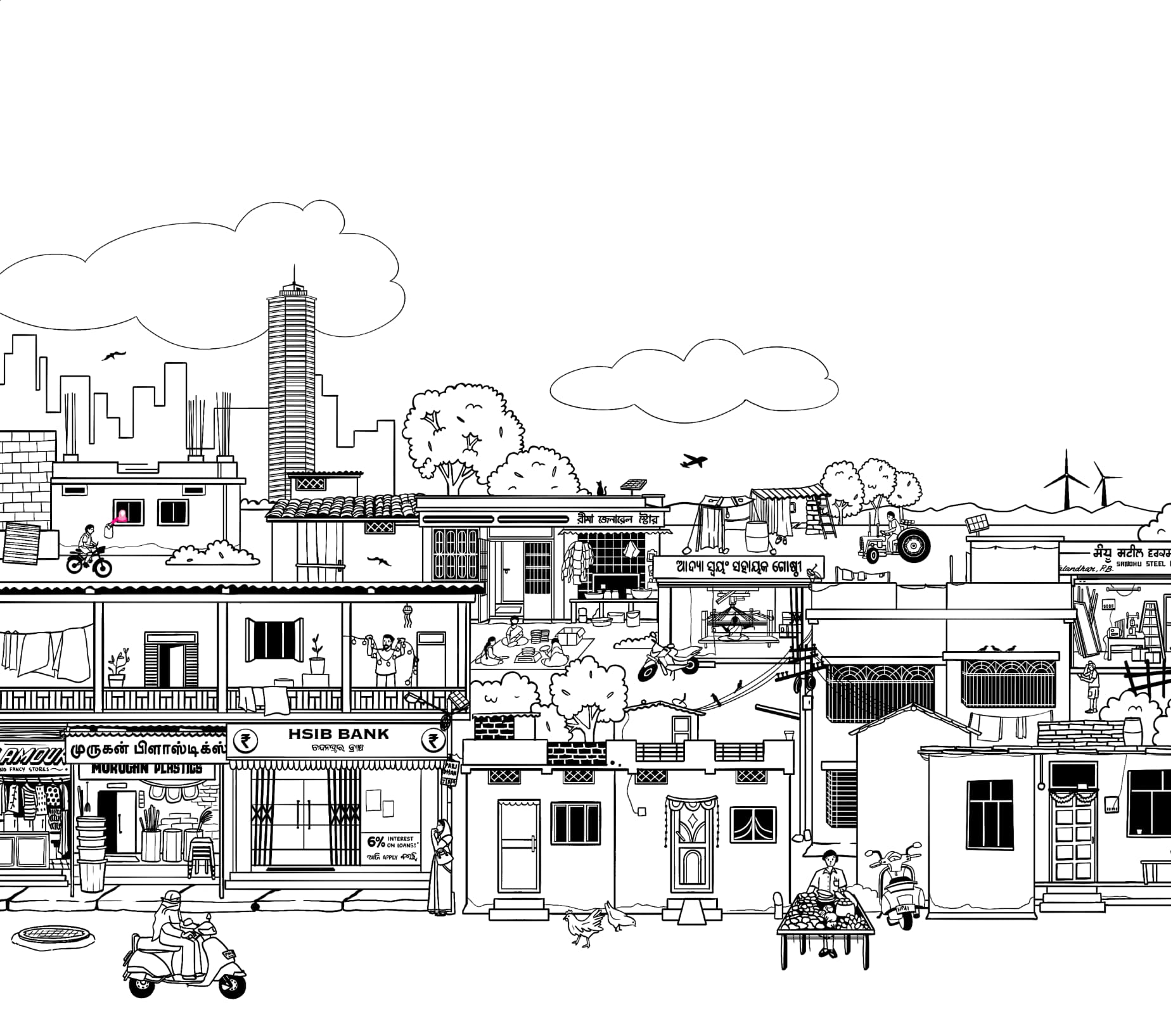 Illustration of Indian storefronts representing small businesses